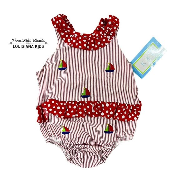 NEW K & L 18m Red Seersucker Embroidered Sailboat Swim Bathing Suit - Picture 1 of 5